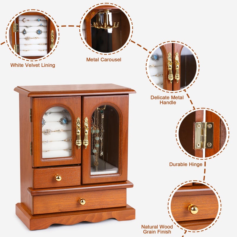 Kendal Wooden Jewelry Box for Women, Solid Jewelry Holder Organizer, Mothers Day Gifts, Wood Jewelry Case with Mirror for Necklaces, Earring, Rings (2 Side Door, Brown) - Image 3